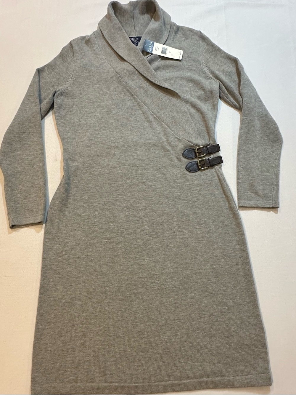 Chaps Gray Shawl Collar Buckle Sweater Dress L NWT